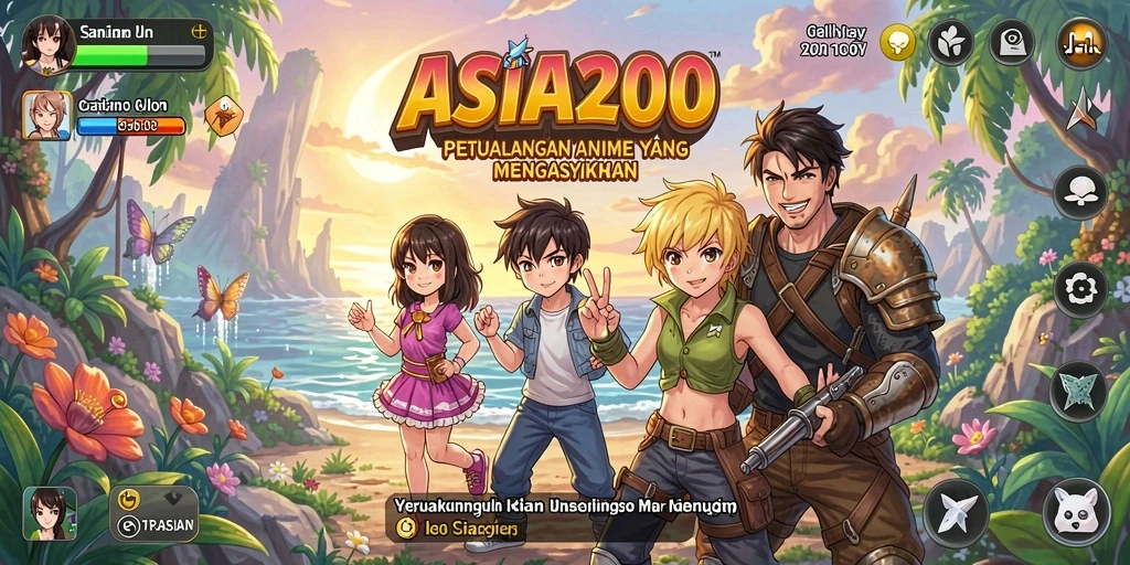 Tangkapan layar gameplay ASIA200 menampilkan karakter anime yang dinamis.