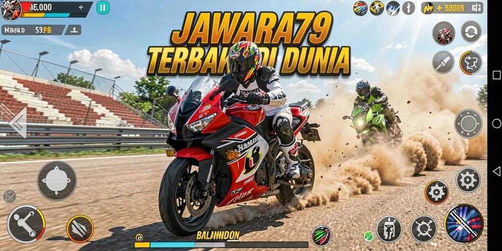 Gameplay seru dari JAWARA79 dengan balapan motor yang mendebarkan.