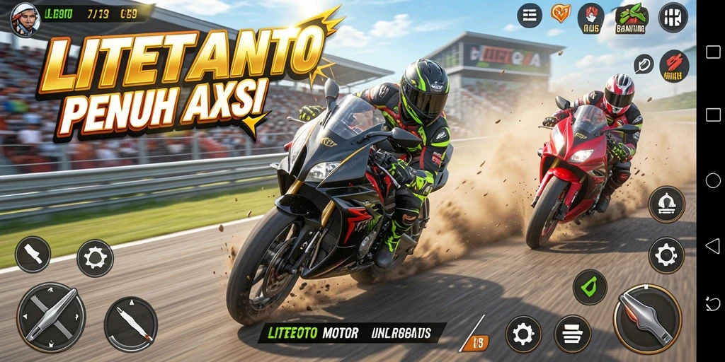 Tampilan gameplay seru dalam LITETOTO dengan aksi balapan motor yang intens.