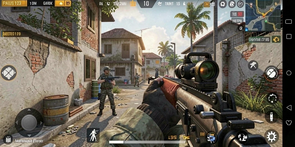 Screenshot utama PAUS123 menampilkan aksi pertarungan intens di game FPS.