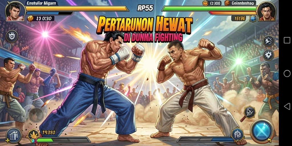 Screenshot utama RP55 menampilkan duel karakter yang intens dalam arena pertarungan.