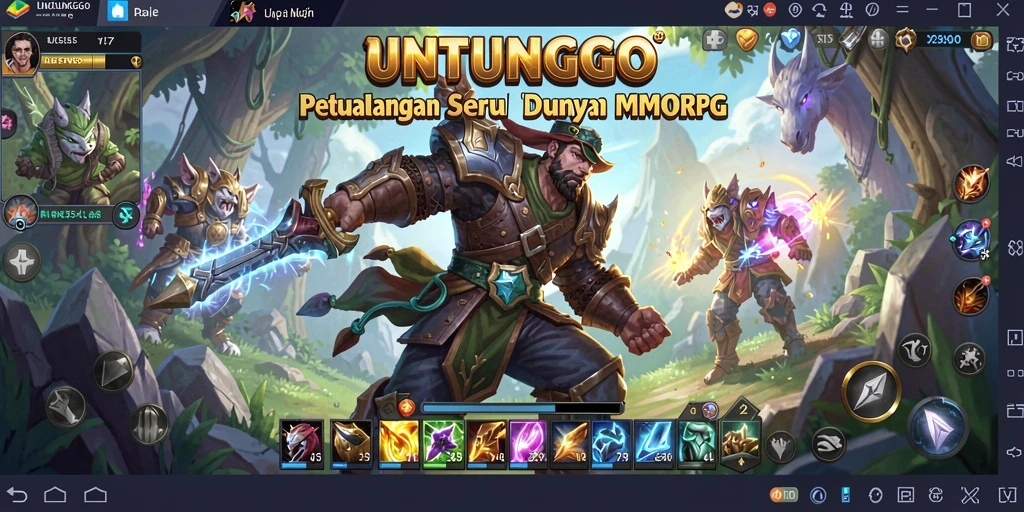Screenshot utama UNTUNGGO menampilkan pertempuran seru dalam dunia MMORPG.